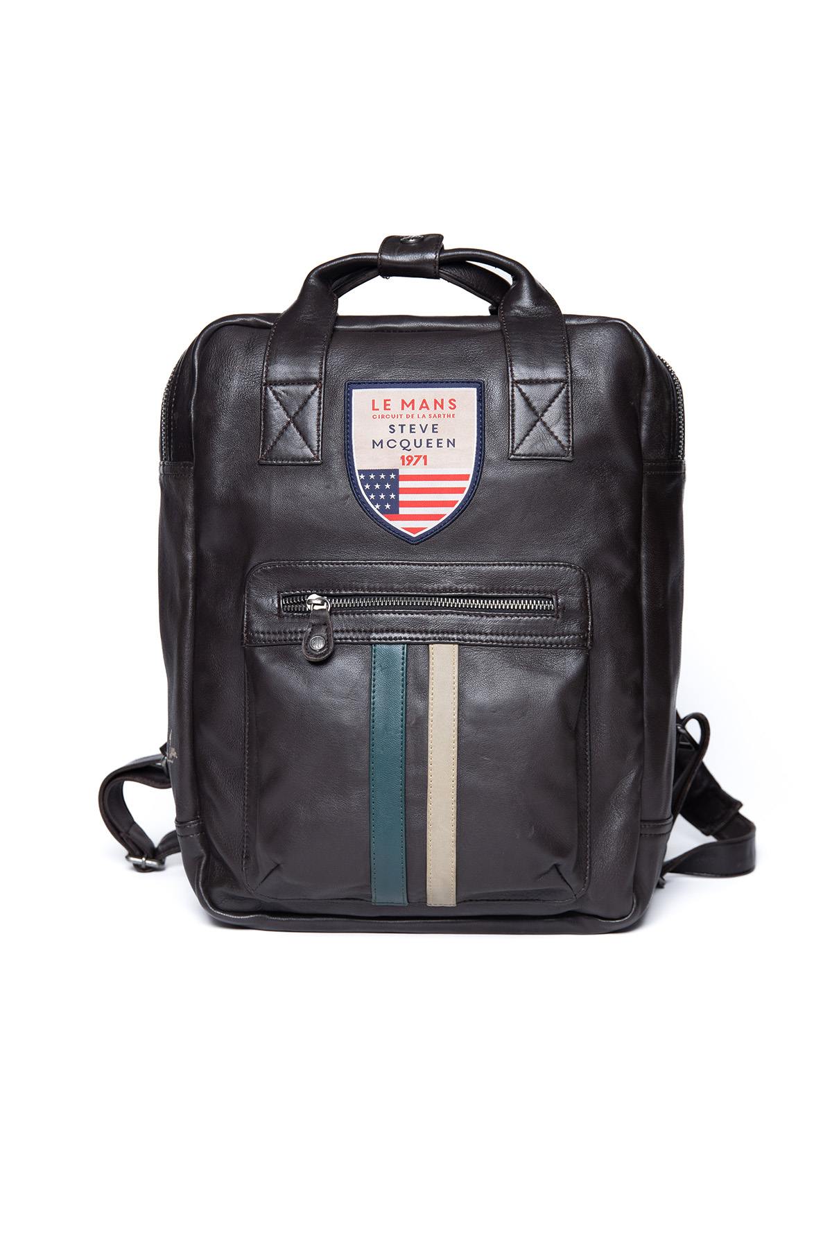 Dark brown racing leather backpack - Image n°1