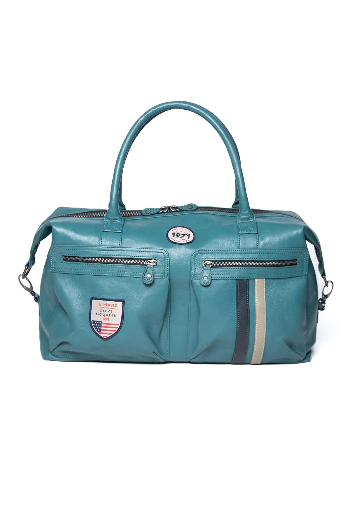 Racing universe leather travel bag in light petrol blue color - Image n°1