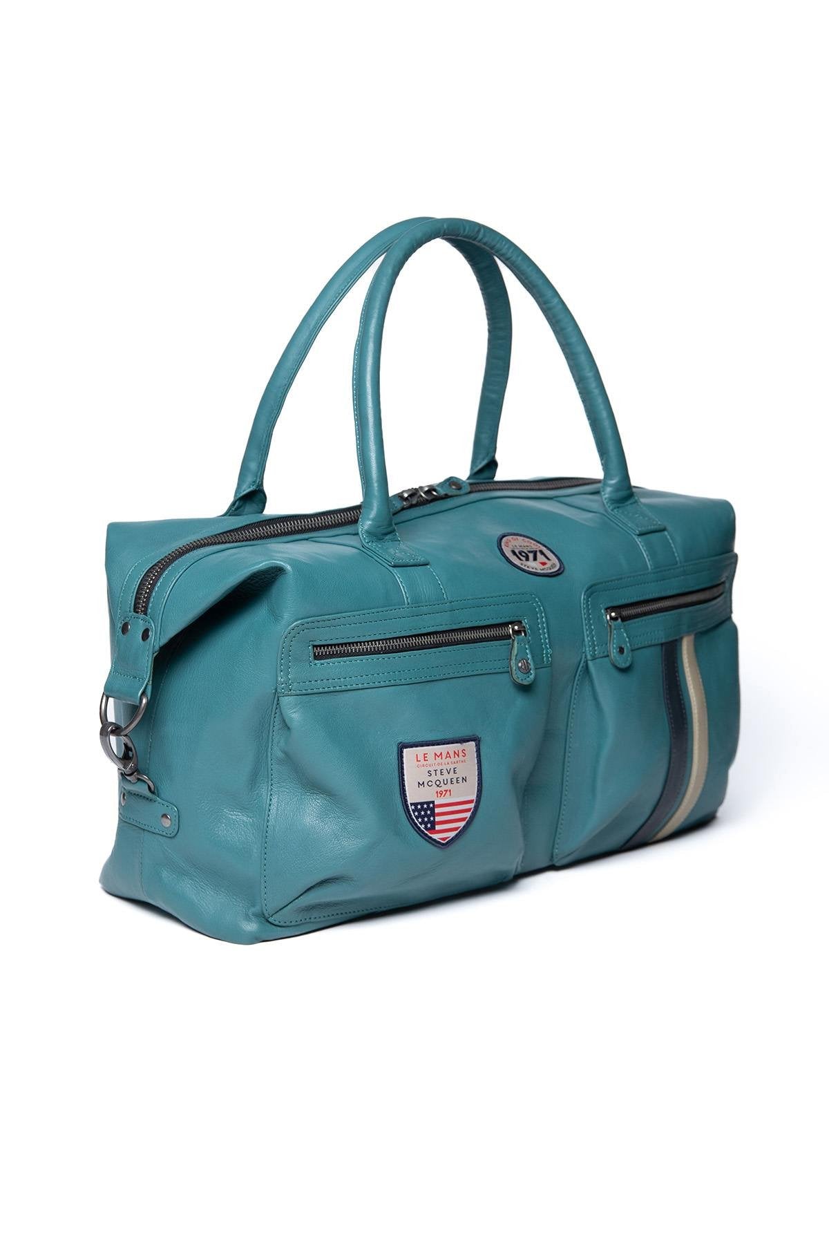 Racing universe leather travel bag in light petrol blue color - Image n°4