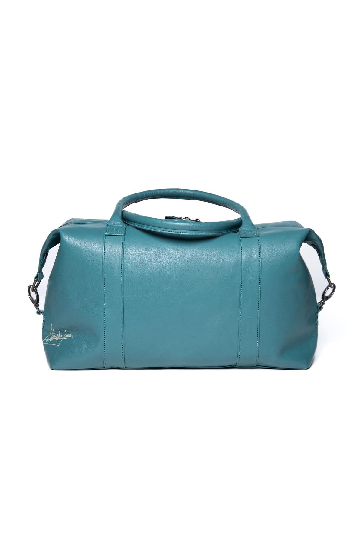 Racing universe leather travel bag in light petrol blue color - Image n°2