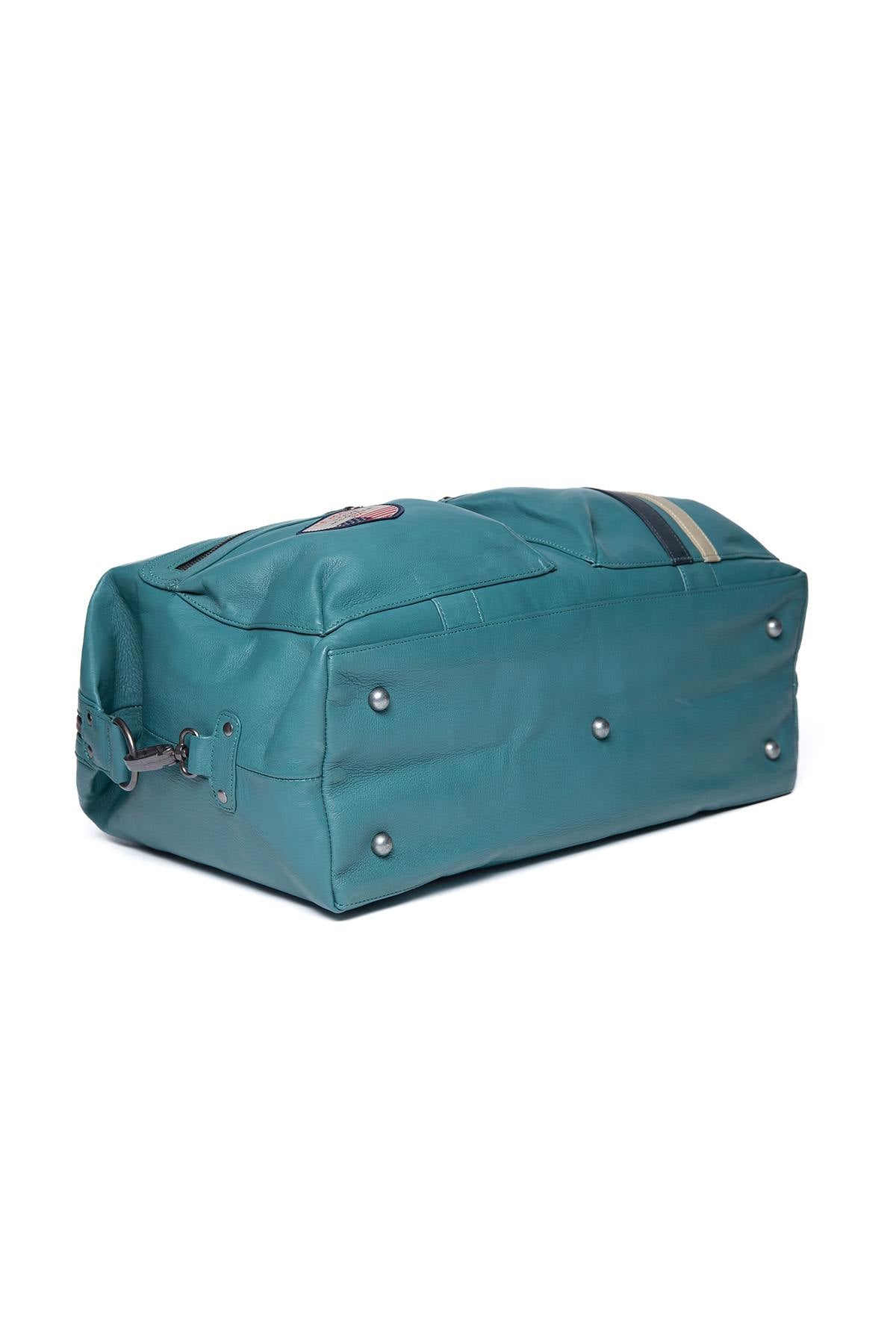 Racing universe leather travel bag in light petrol blue color - Image n°5