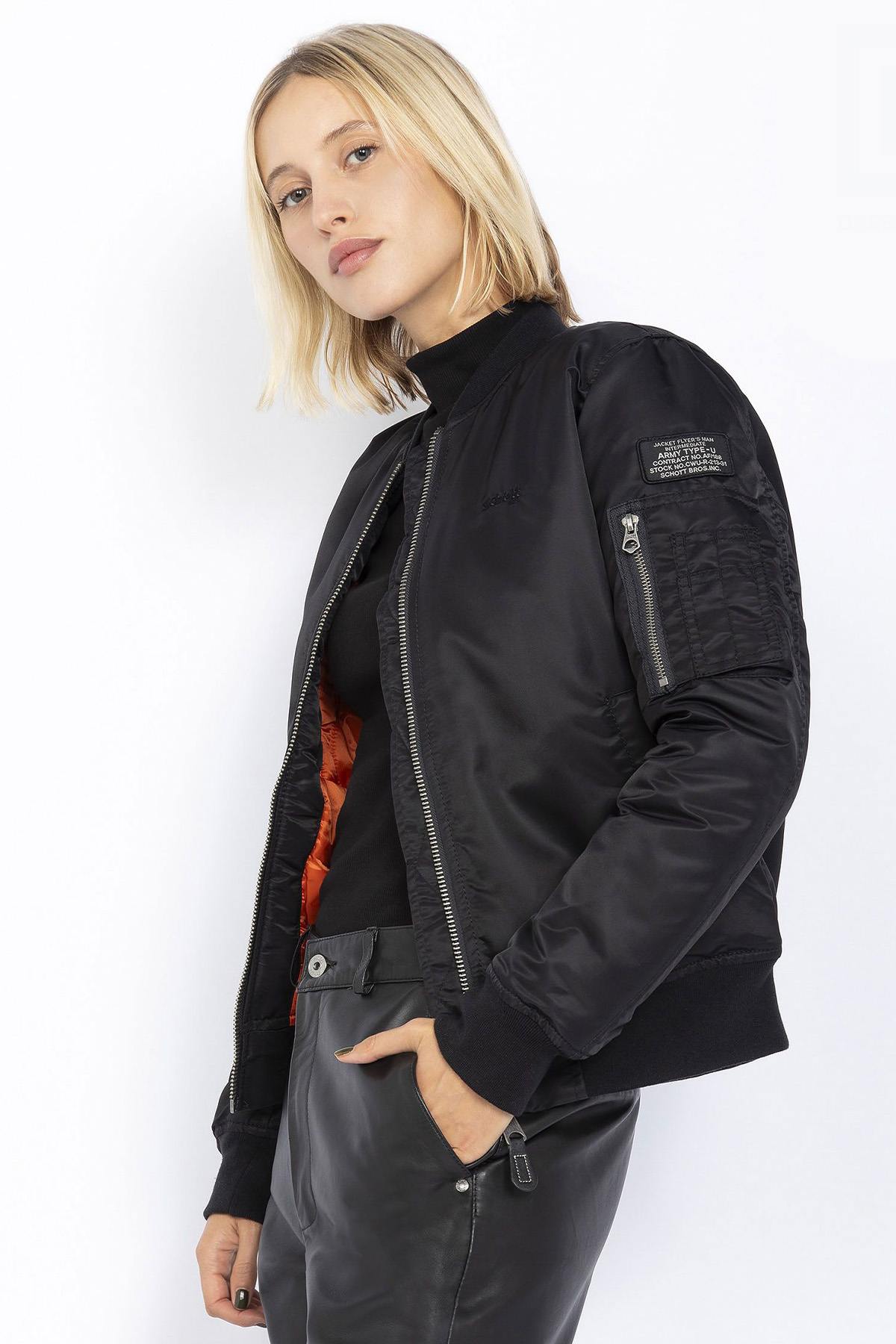 Black recycled nylon bomber jacket for women - Image n°1