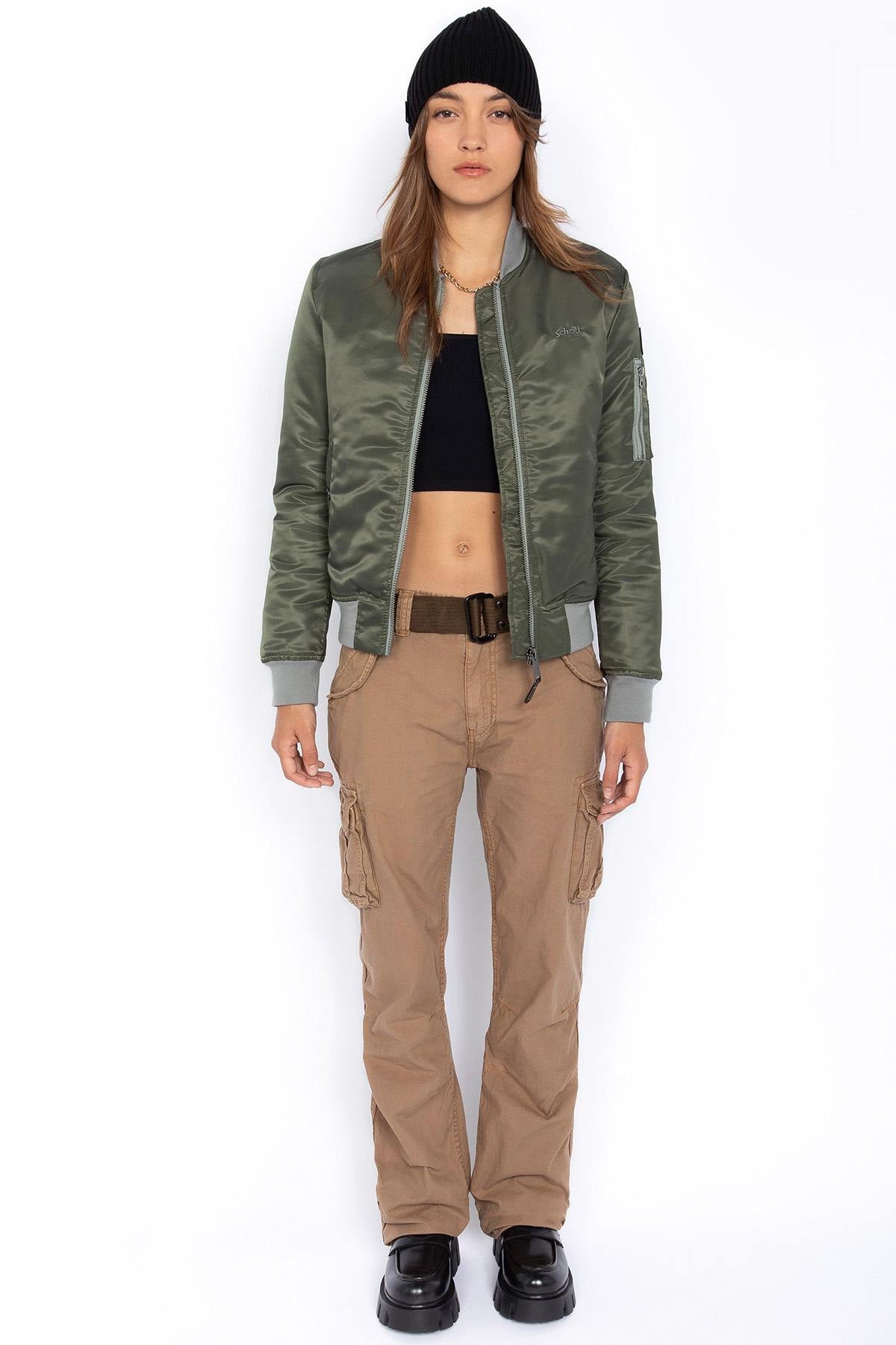 Light khaki recycled nylon bomber jacket for women - Image n°3