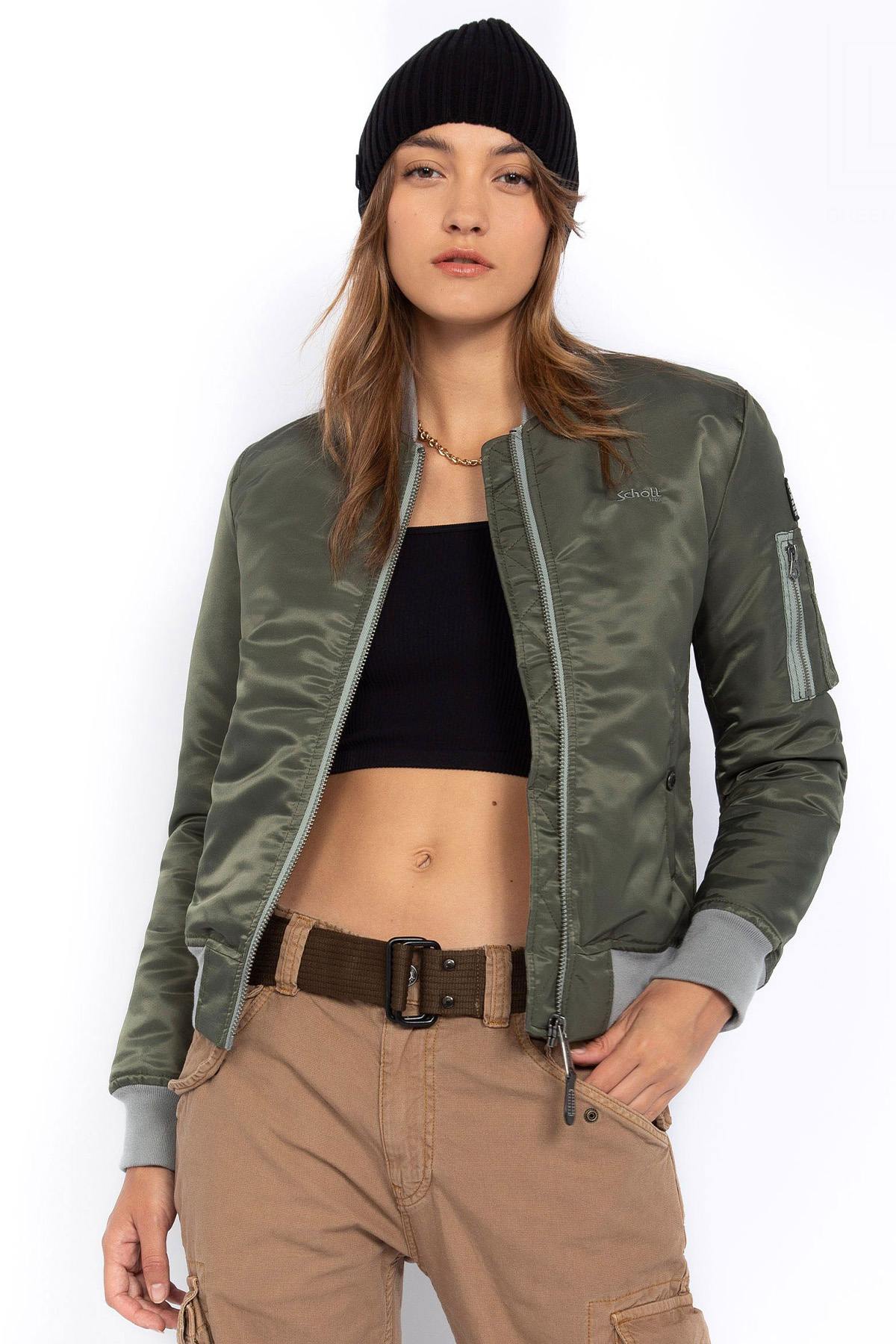 Light khaki recycled nylon bomber jacket for women - Image n°1