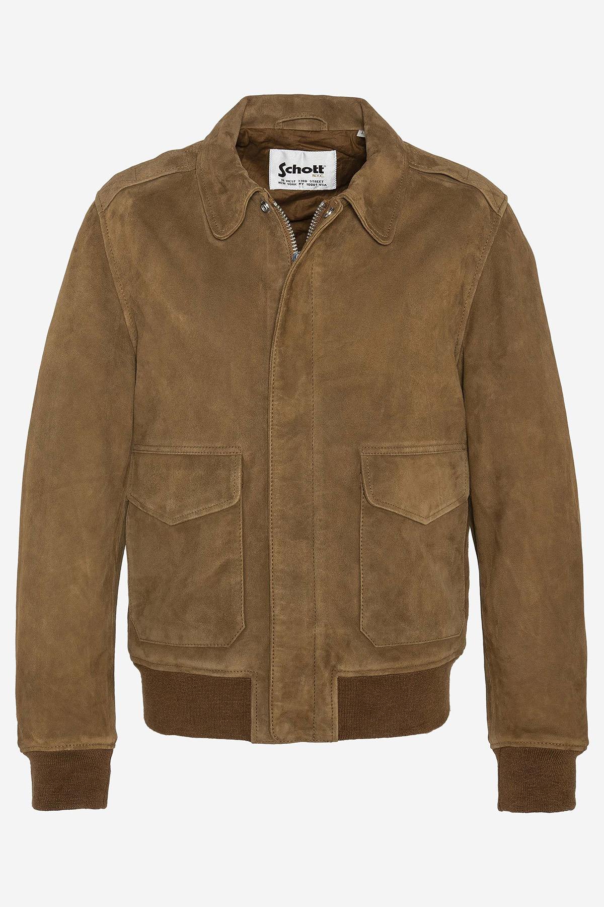 Rust-colored suede leather jacket with shirt collar - Image n°1