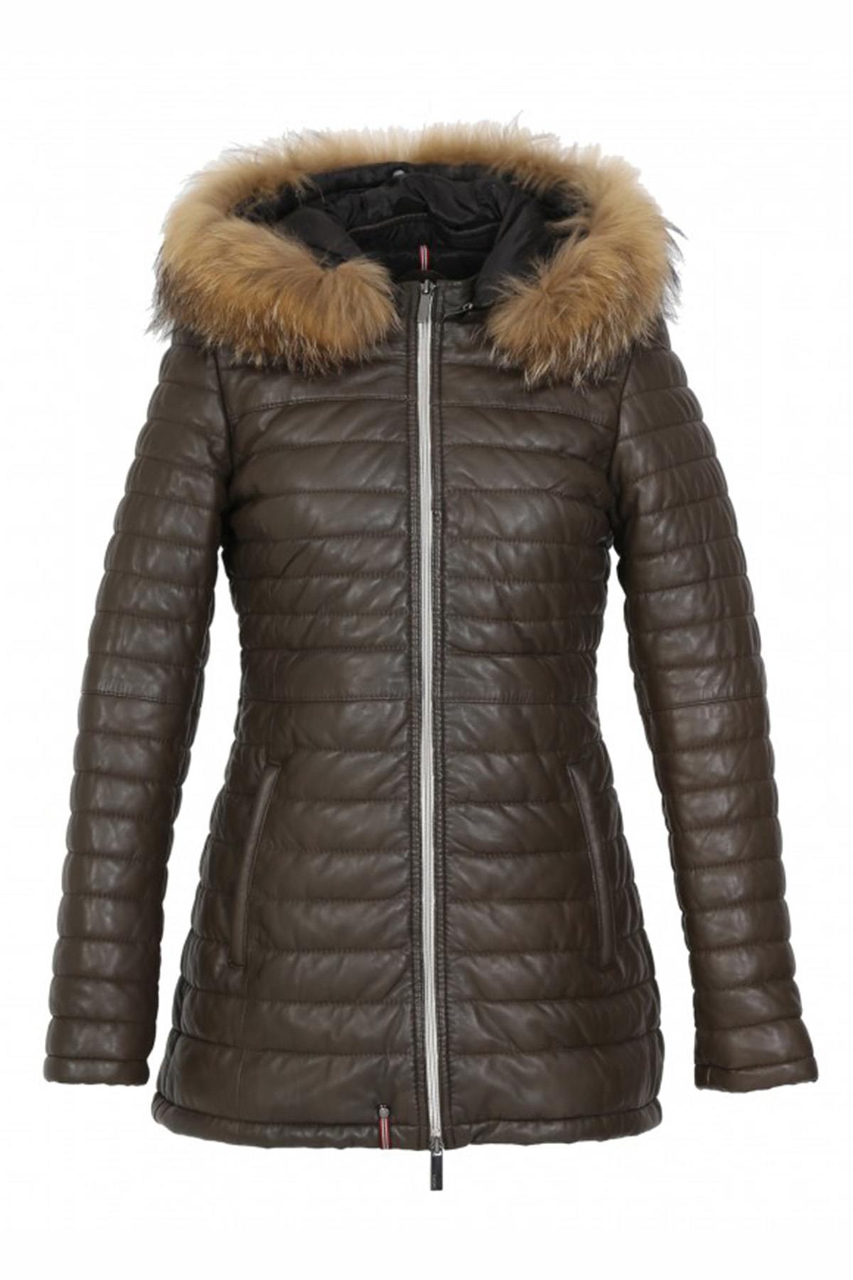 Brown leather down jacket with furry hood - Image n°5