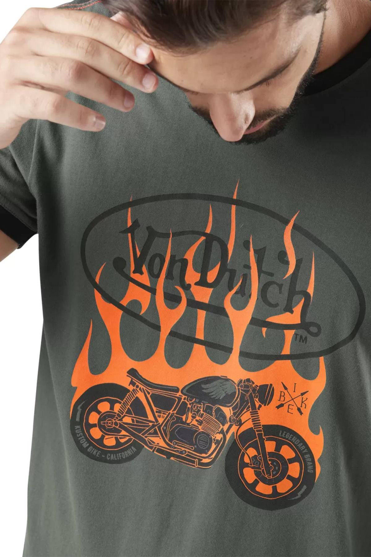 Khaki cotton T-shirt with fiery motorcycle motif - Image n°2