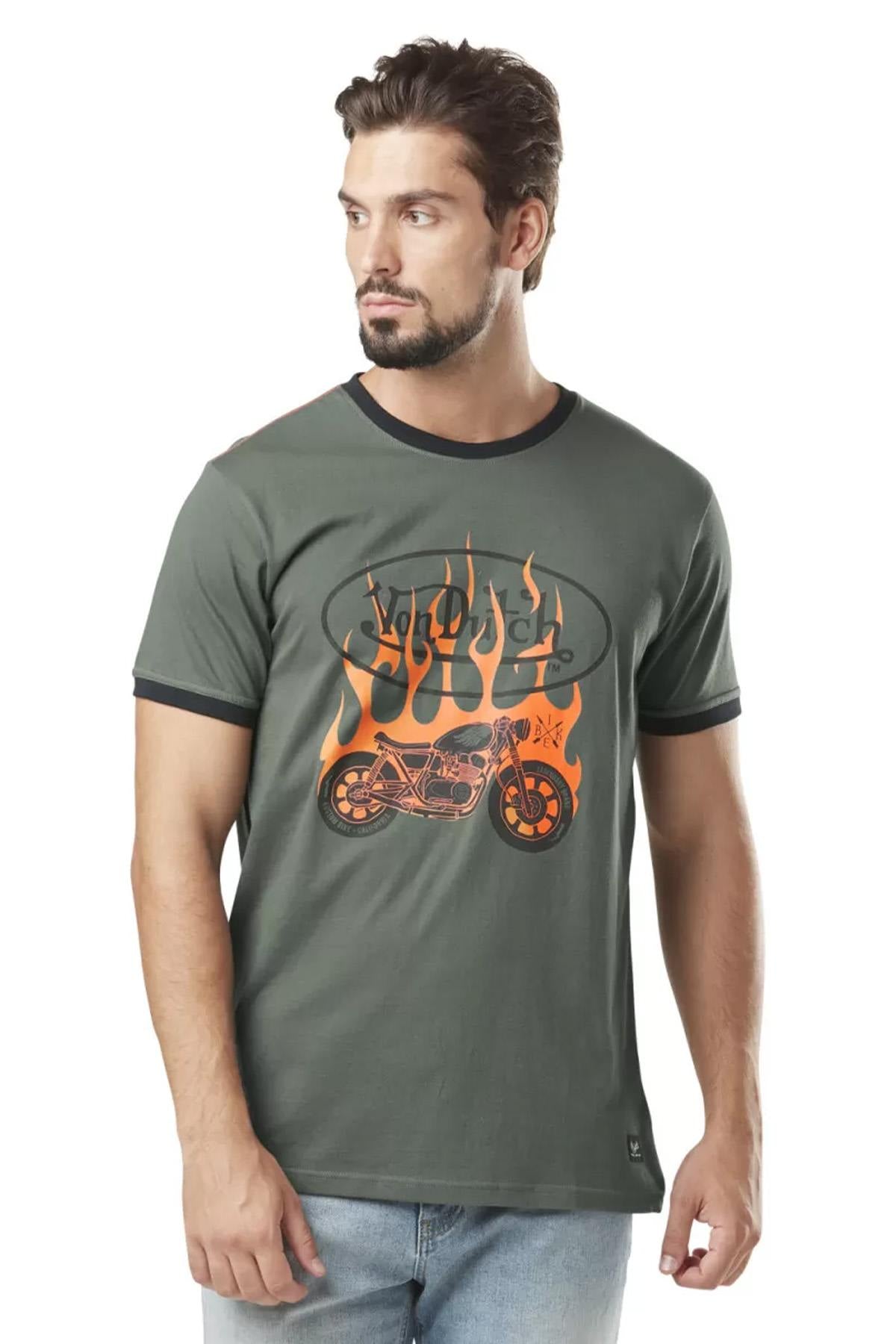 Khaki cotton T-shirt with fiery motorcycle motif - Image n°1