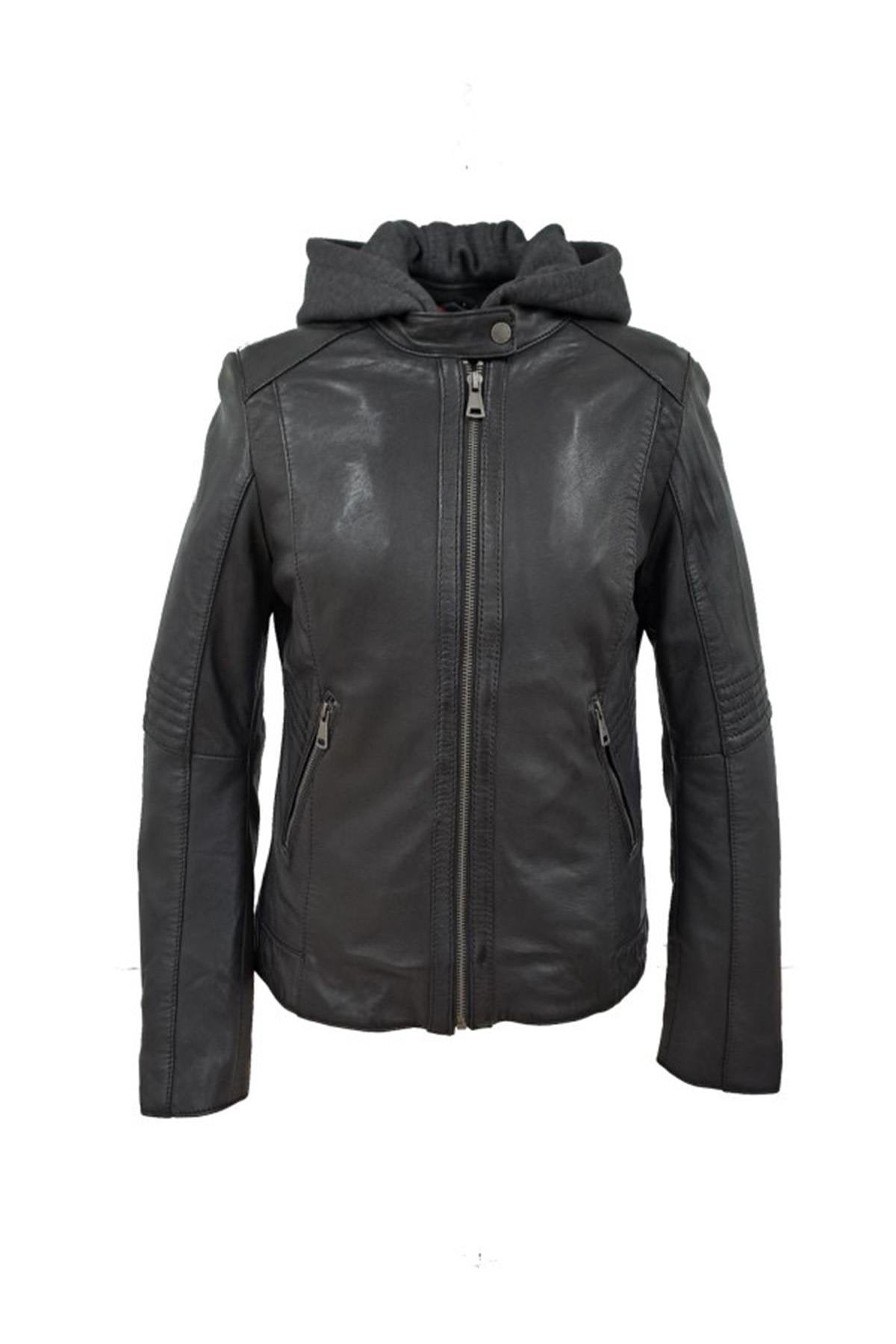 Black leather jacket with biker collar and removable hood - Image n°9