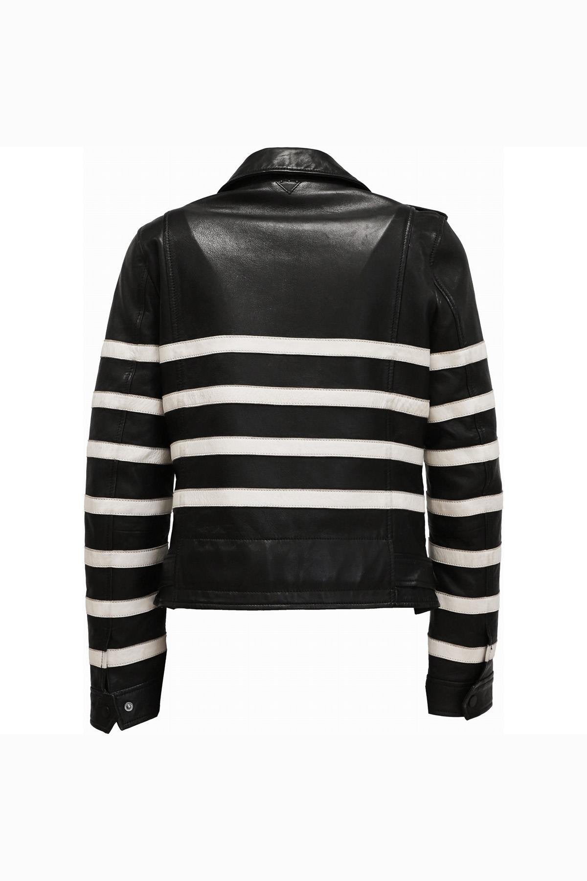 Biker jacket in black leather with white lines - Image n°10