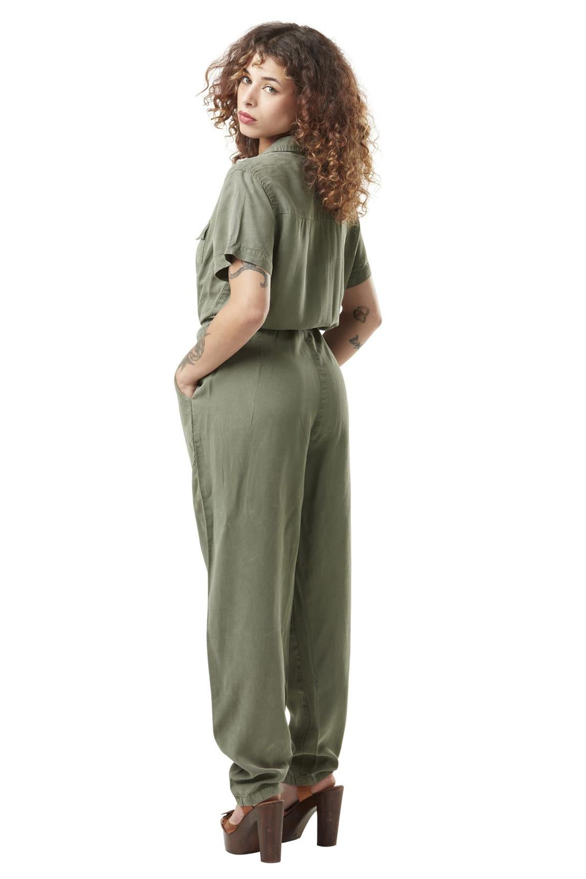 Khaki short-sleeved jumpsuit - Image n°4