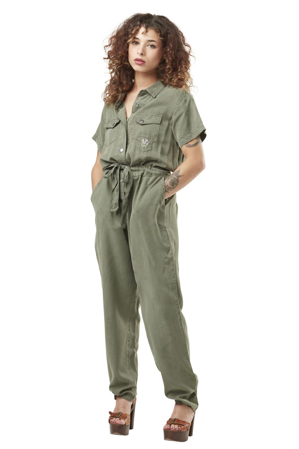 Khaki short-sleeved jumpsuit - Image n°1