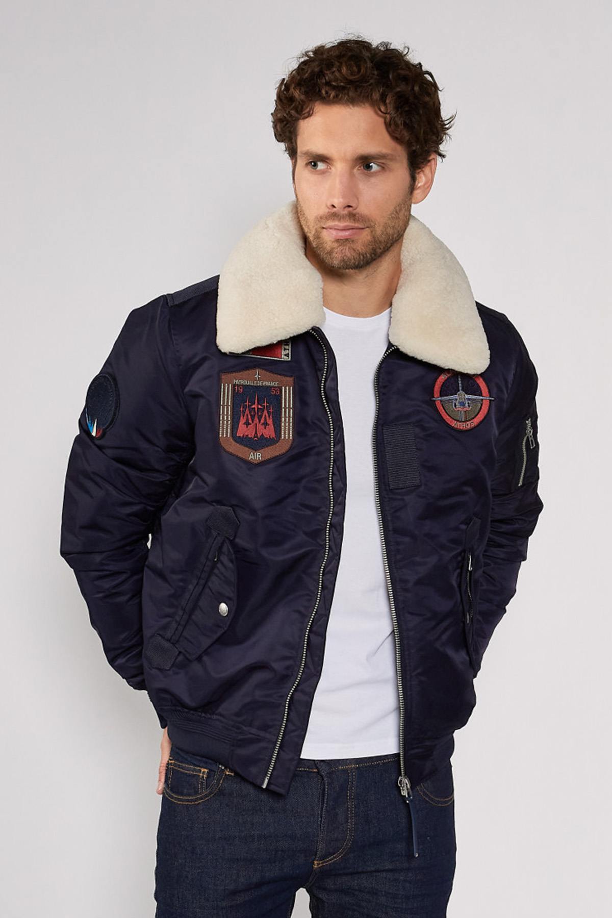 Navy blue nylon bombers with removable fur collar - Image n°4