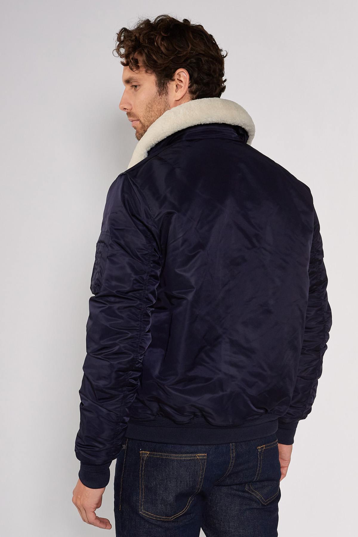 Navy blue nylon bombers with removable fur collar - Image n°8