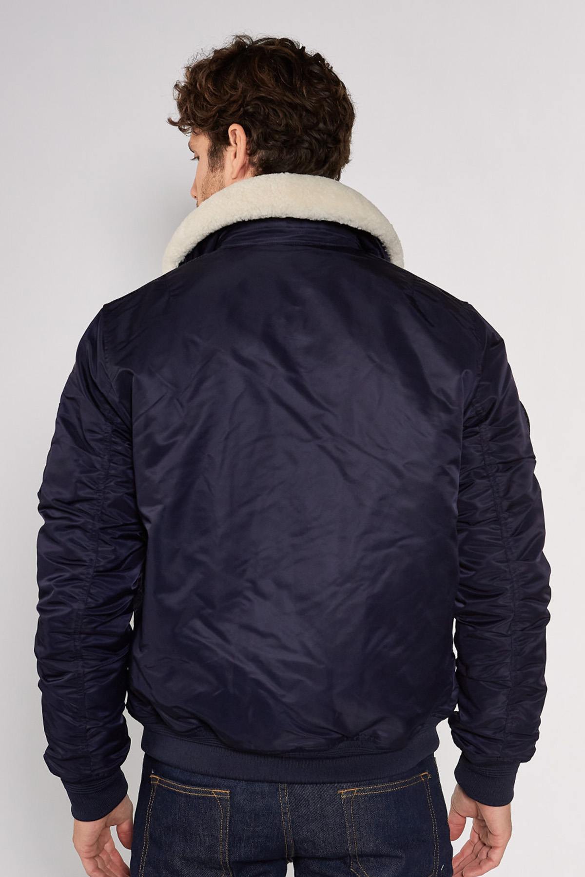 Navy blue nylon bombers with removable fur collar - Image n°5