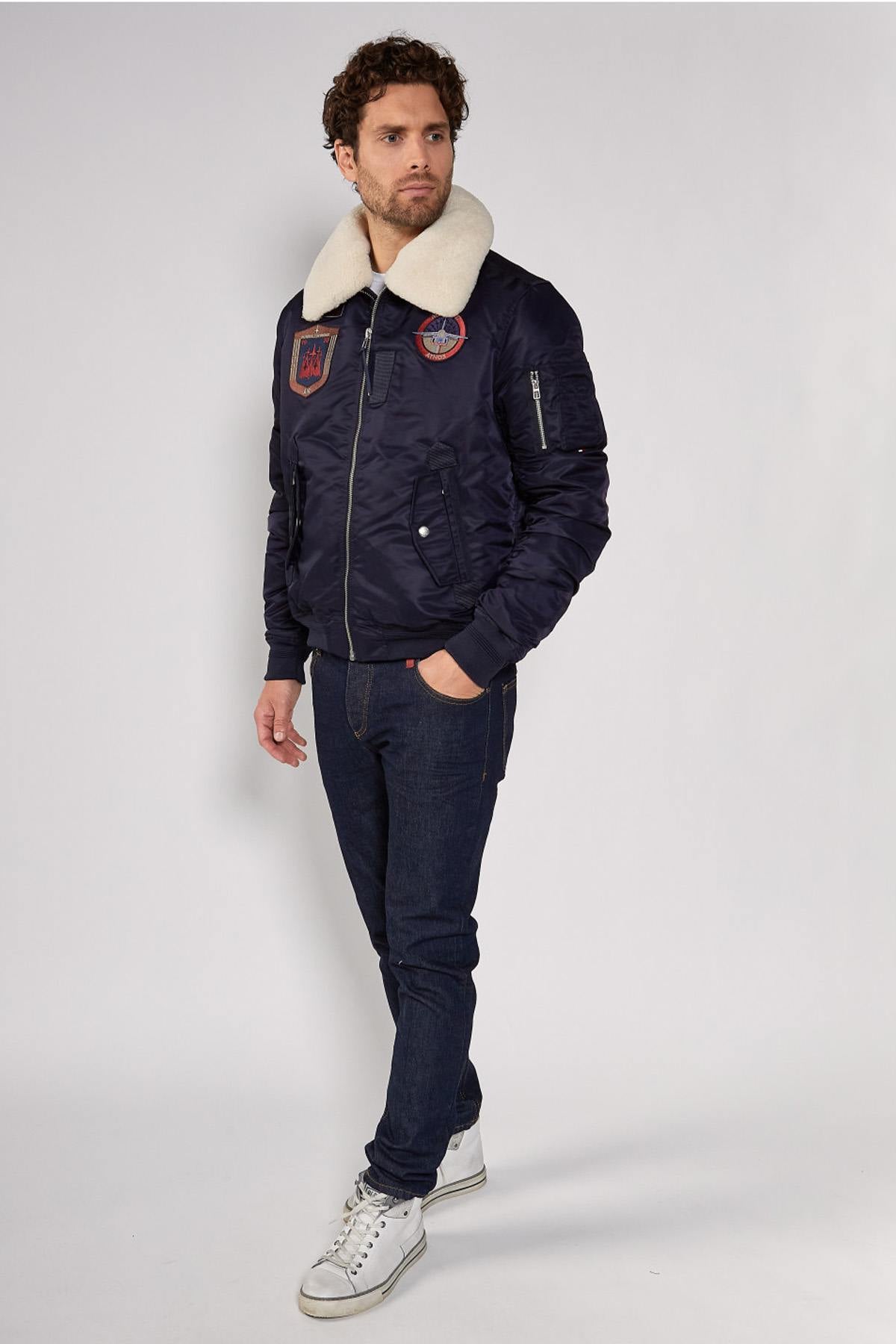 Navy blue nylon bombers with removable fur collar - Image n°6