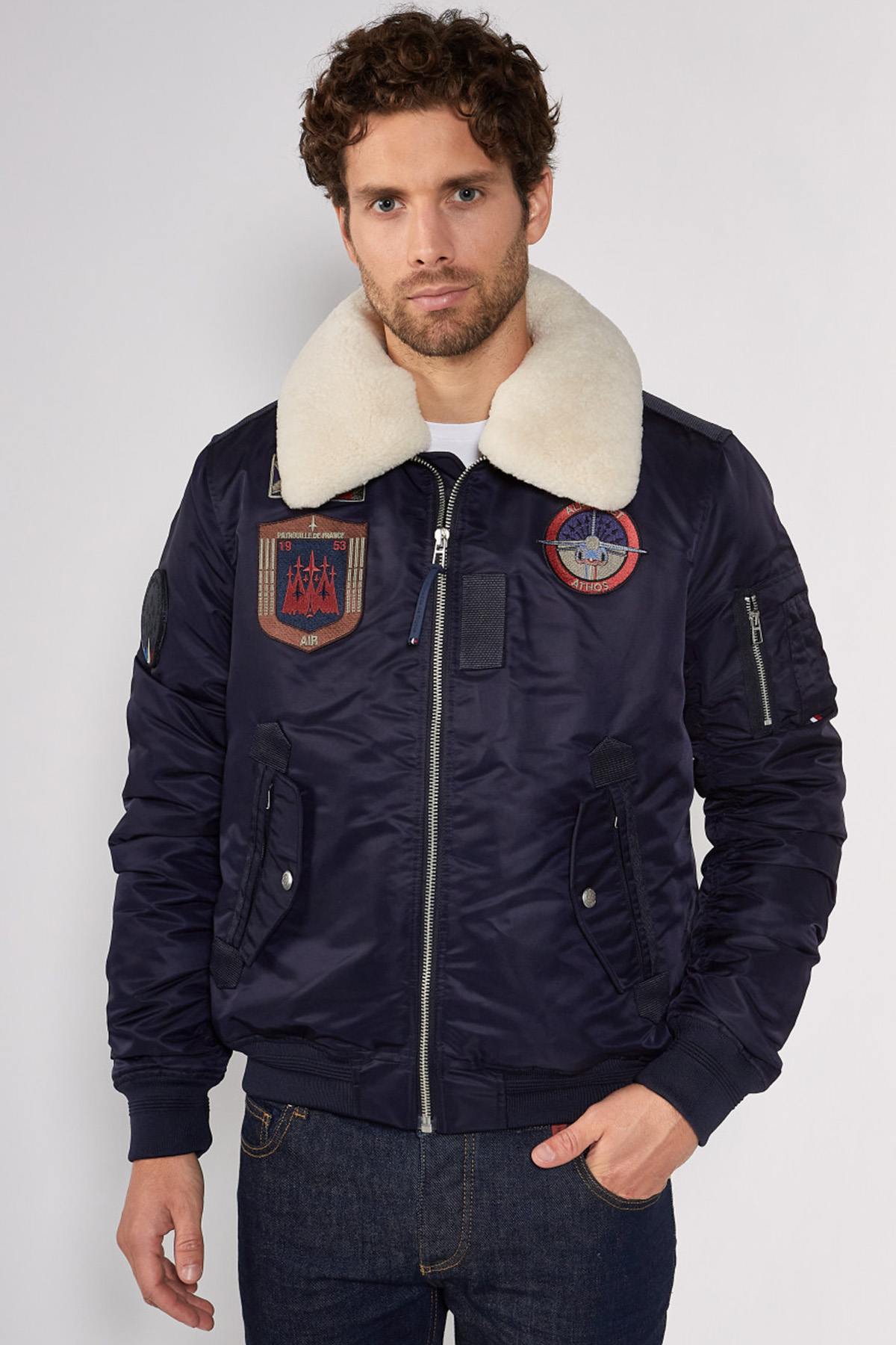 Navy blue nylon bombers with removable fur collar - Image n°1