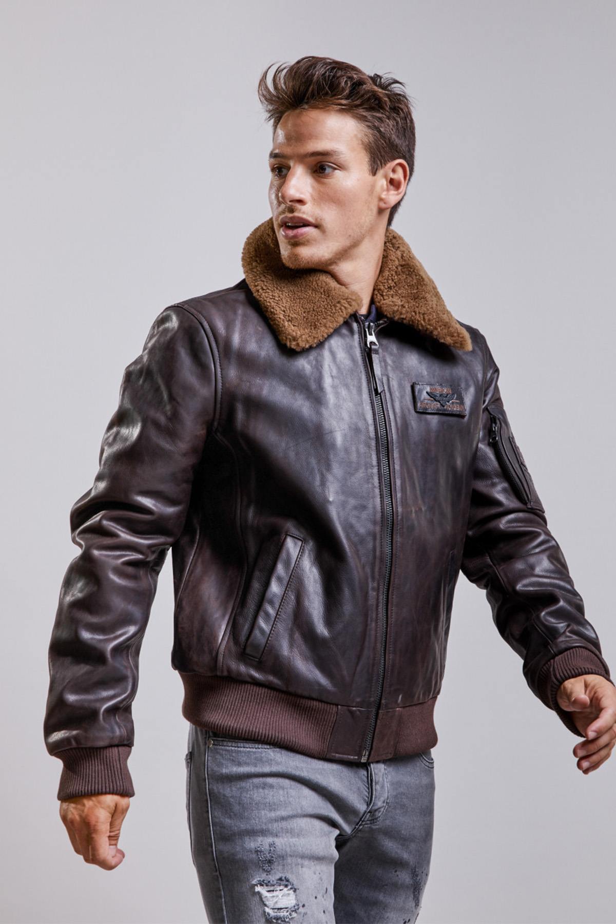 Brown leather bomber jacket with removable fur collar - Image n°3