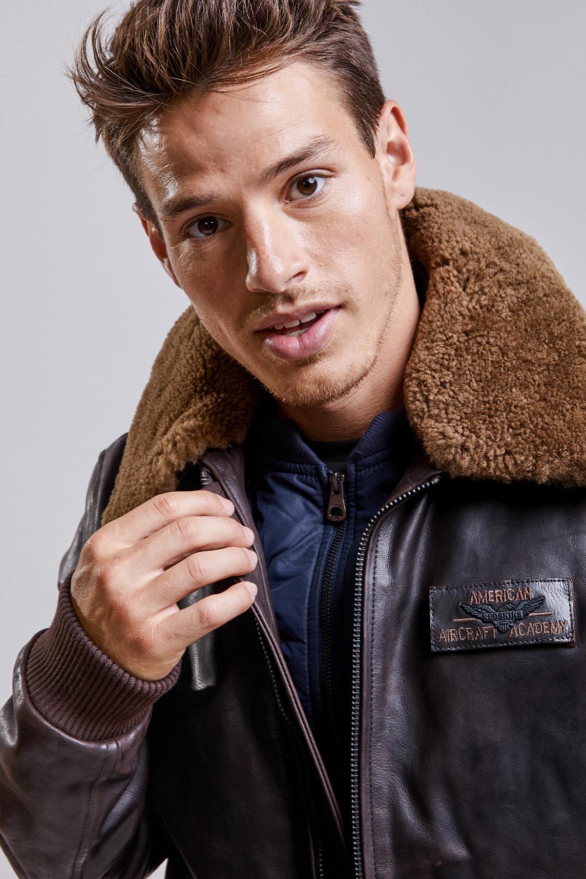 Brown leather bomber jacket with removable fur collar - Image n°2