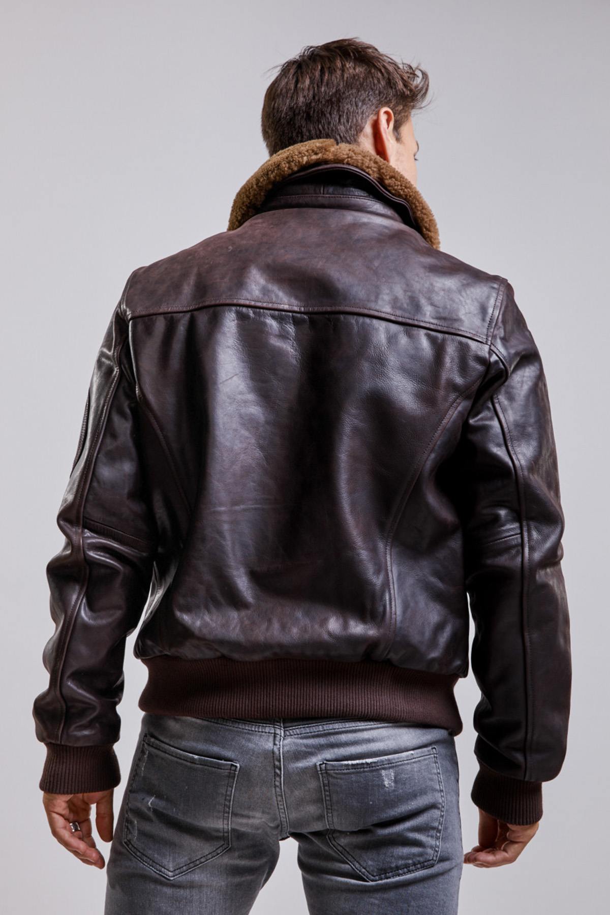 Brown leather bomber jacket with removable fur collar - Image n°4