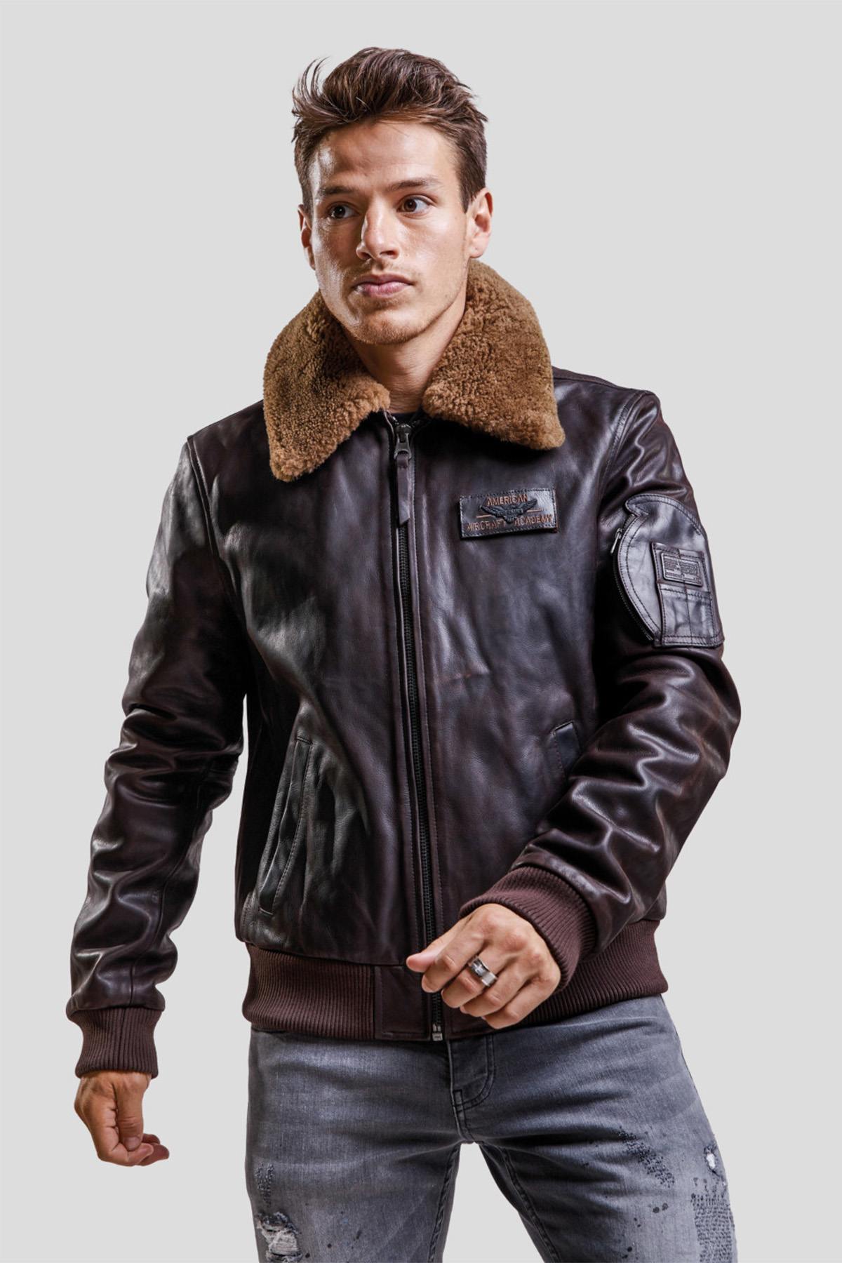 Brown leather bomber jacket with removable fur collar - Image n°1