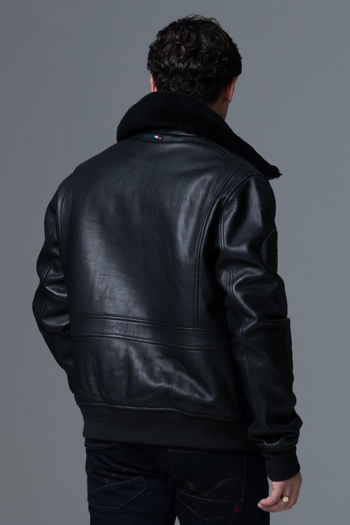 Black leather bomber jacket with premium finishes - Image n°3