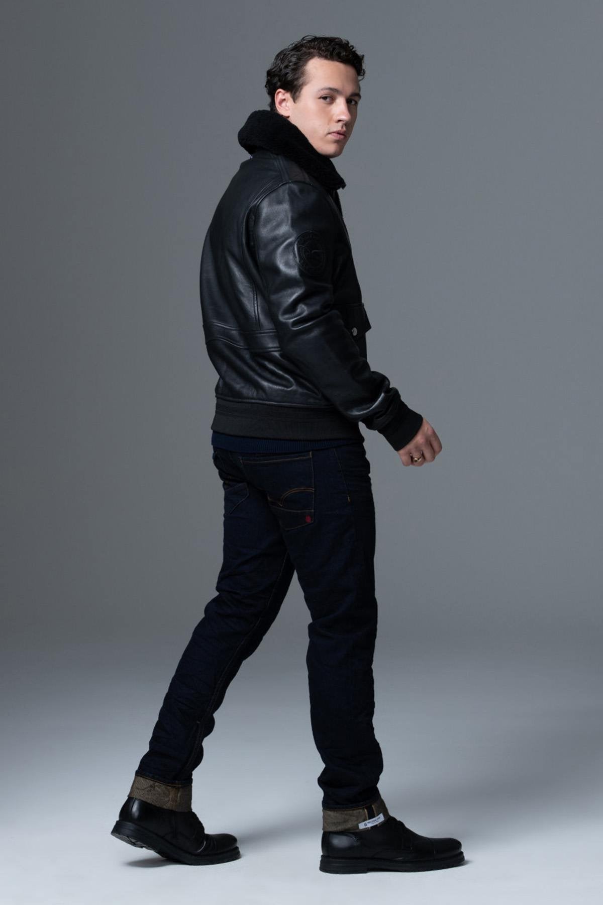 Black leather bomber jacket with premium finishes - Image n°7