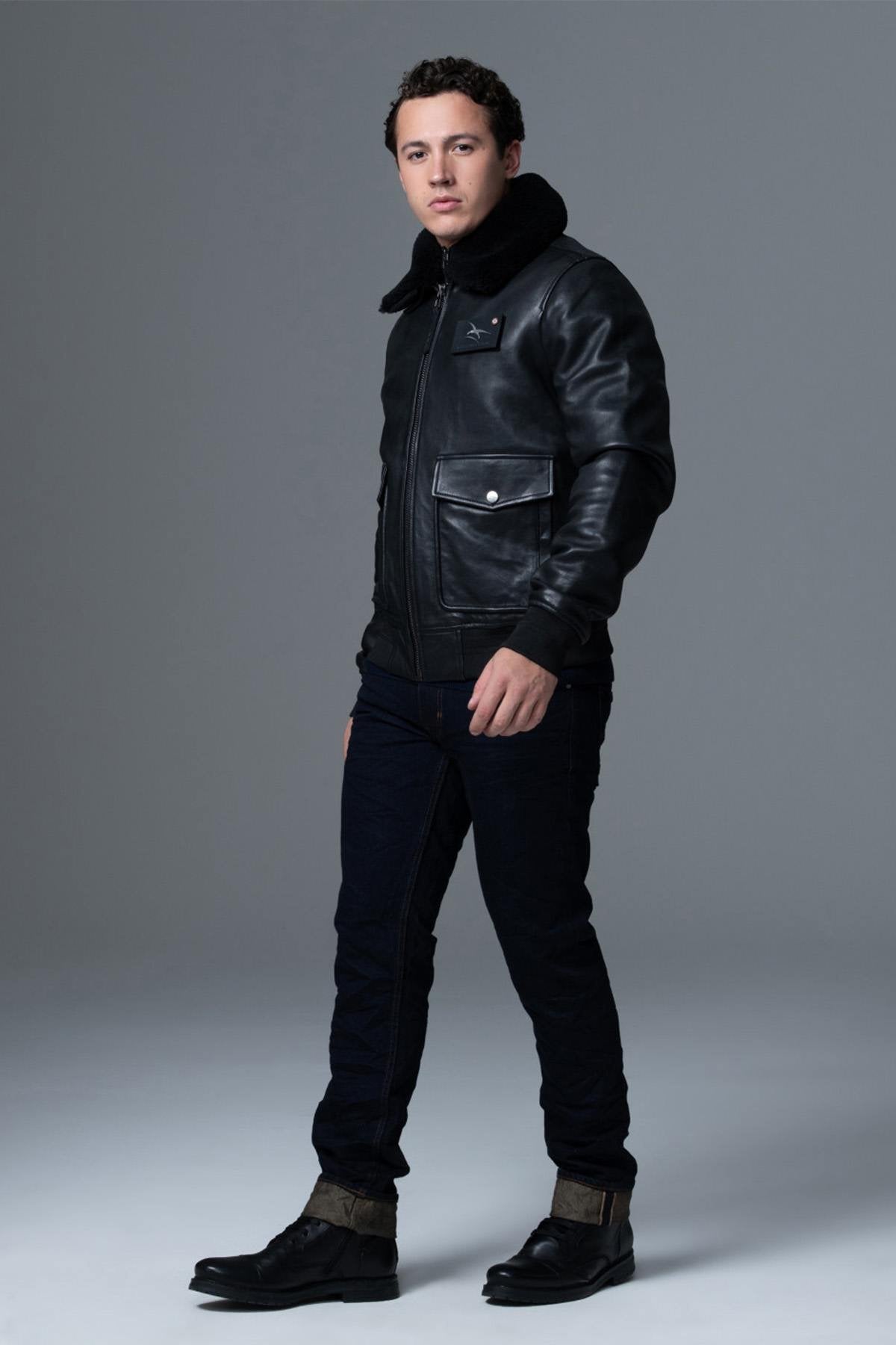 Black leather bomber jacket with premium finishes - Image n°9