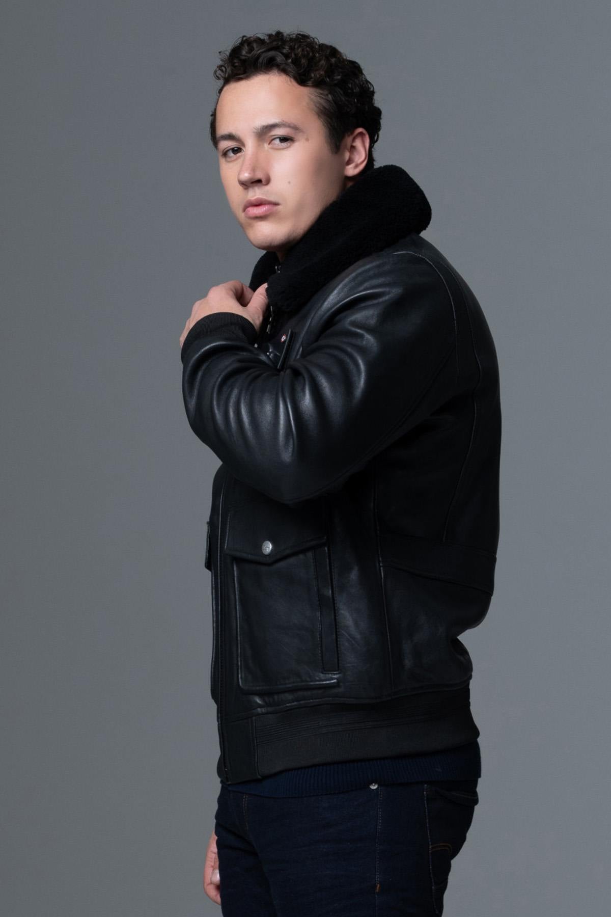 Black leather bomber jacket with premium finishes - Image n°11