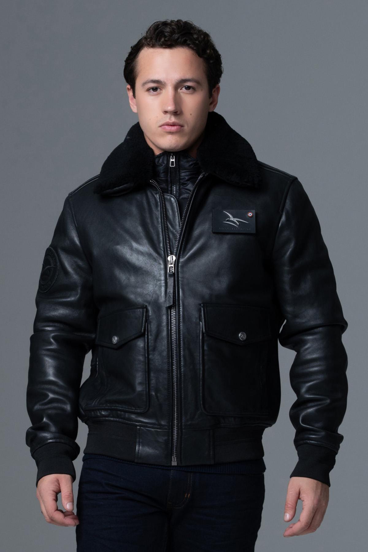 Black leather bomber jacket with premium finishes - Image n°10