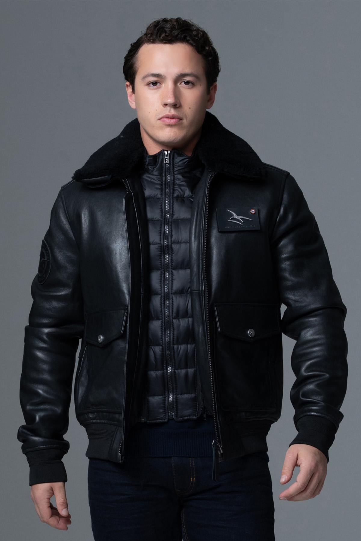 Black leather bomber jacket with premium finishes - Image n°8