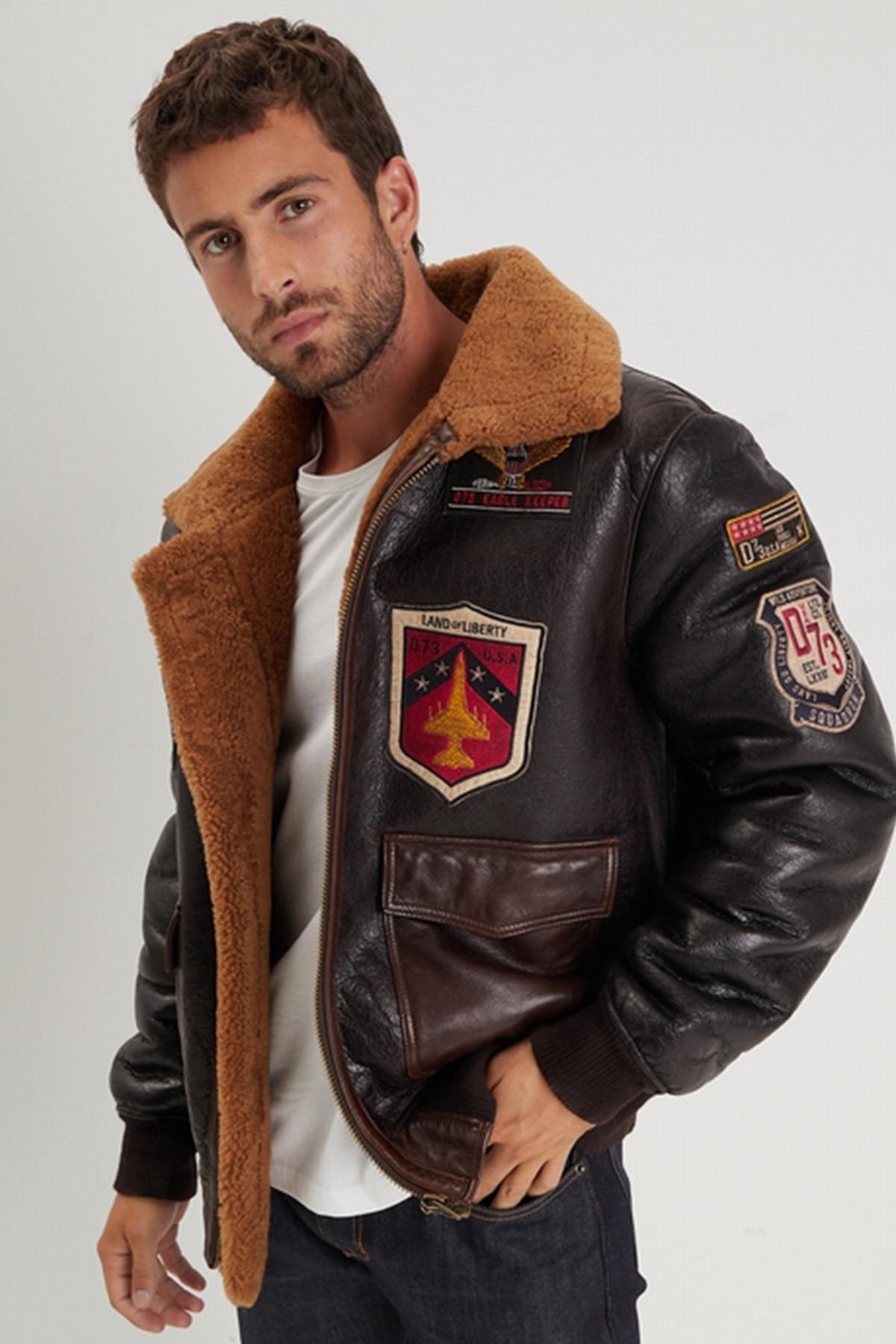 Shearling bomber jacket with patches - Image n°2