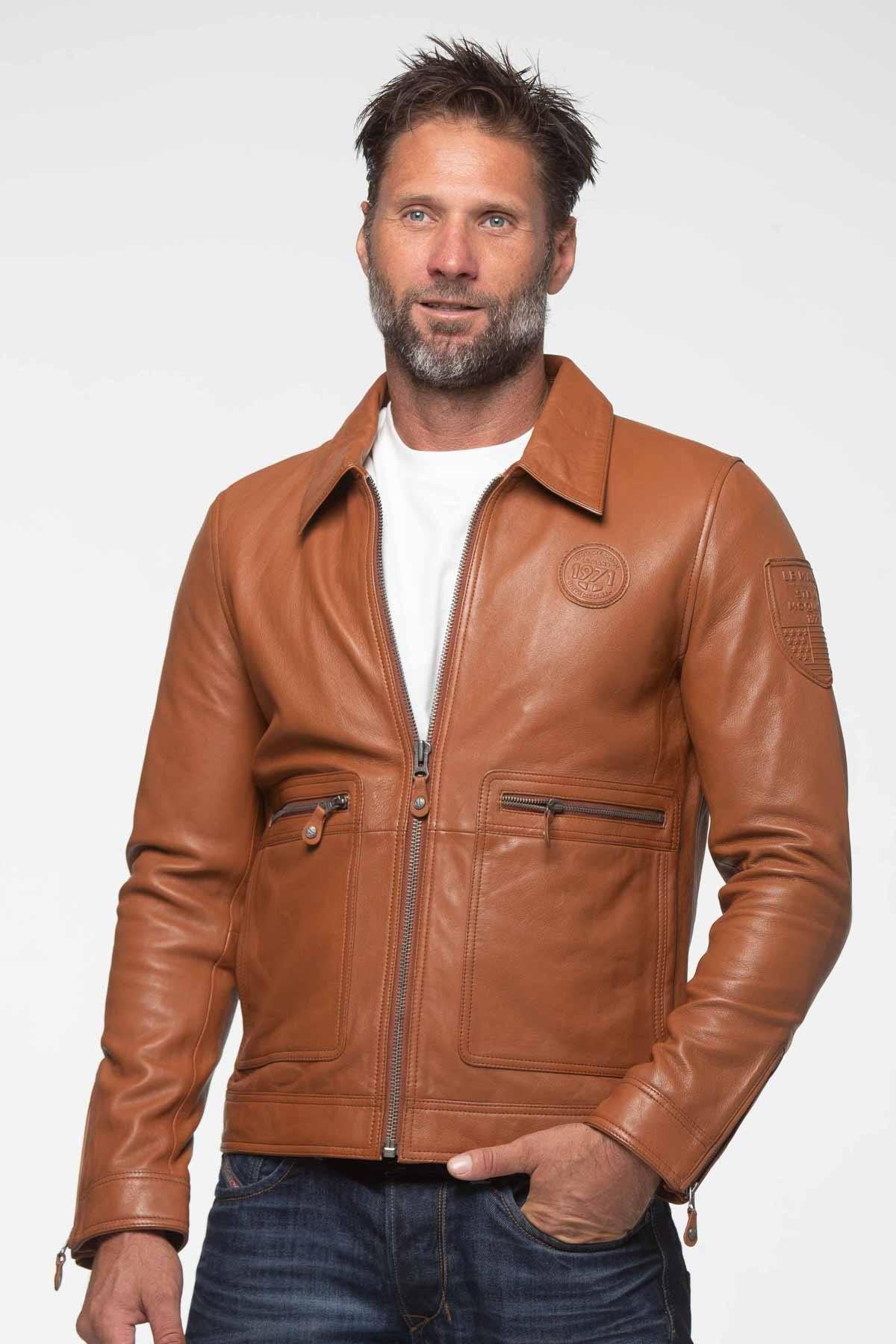 Elegant camel racing leather jacket with shirt collar - Image n°2