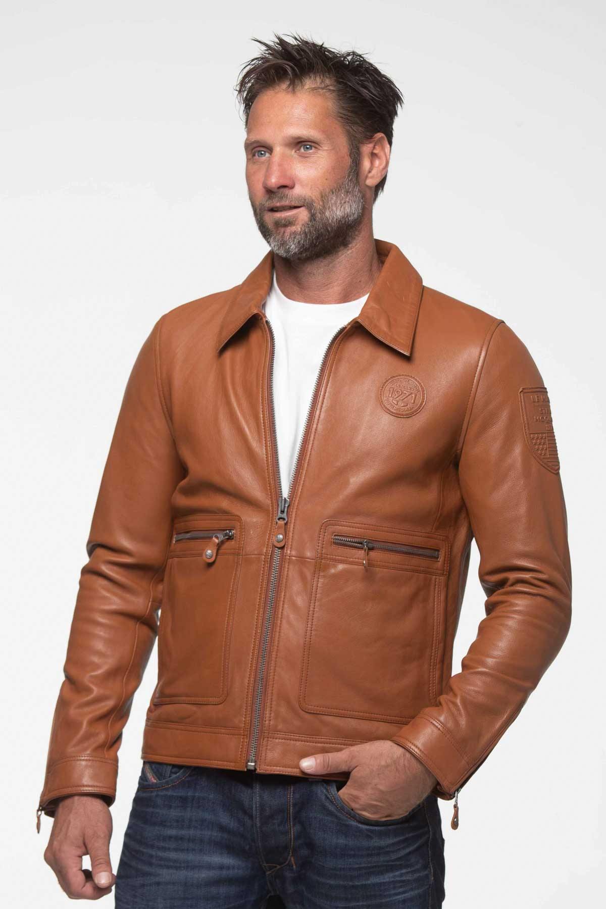 Elegant camel racing leather jacket with shirt collar - Image n°4