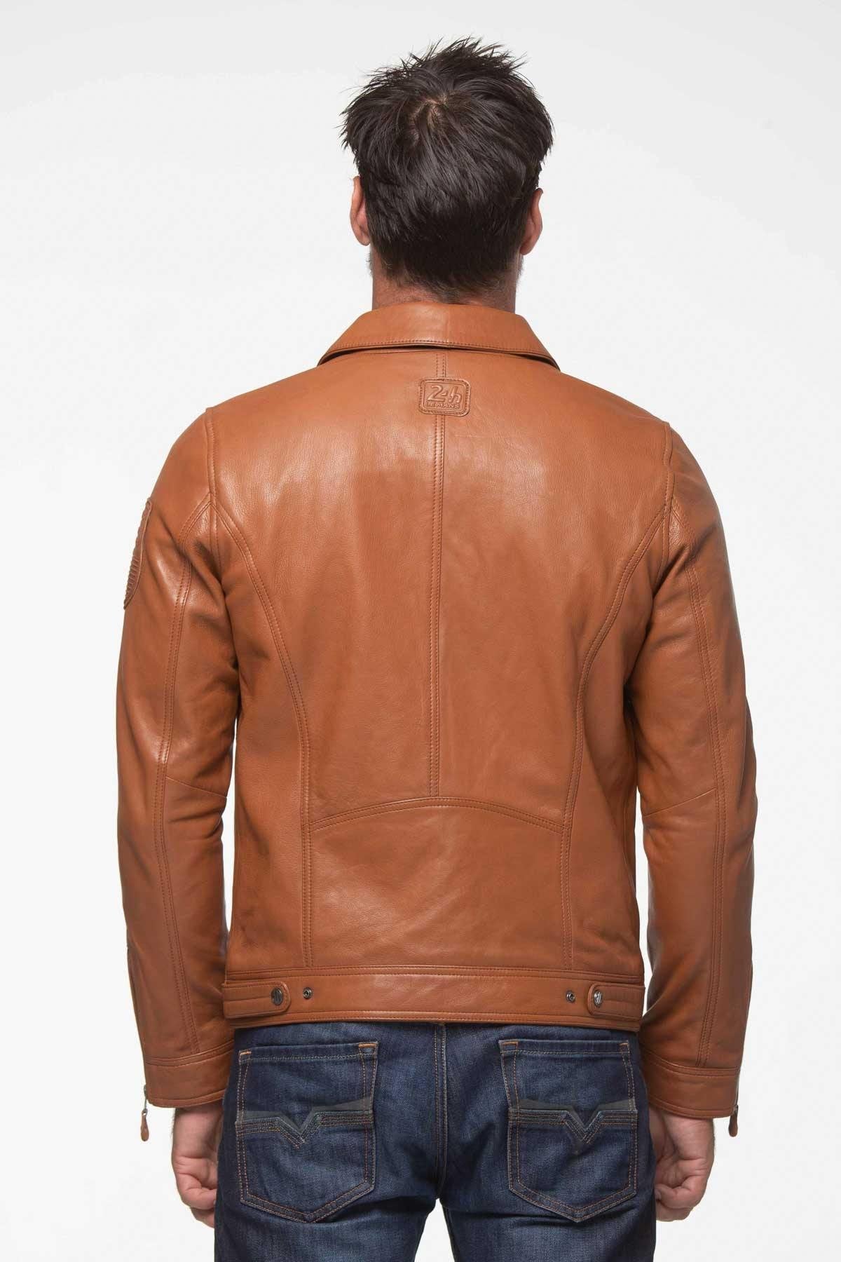 Elegant camel racing leather jacket with shirt collar - Image n°3