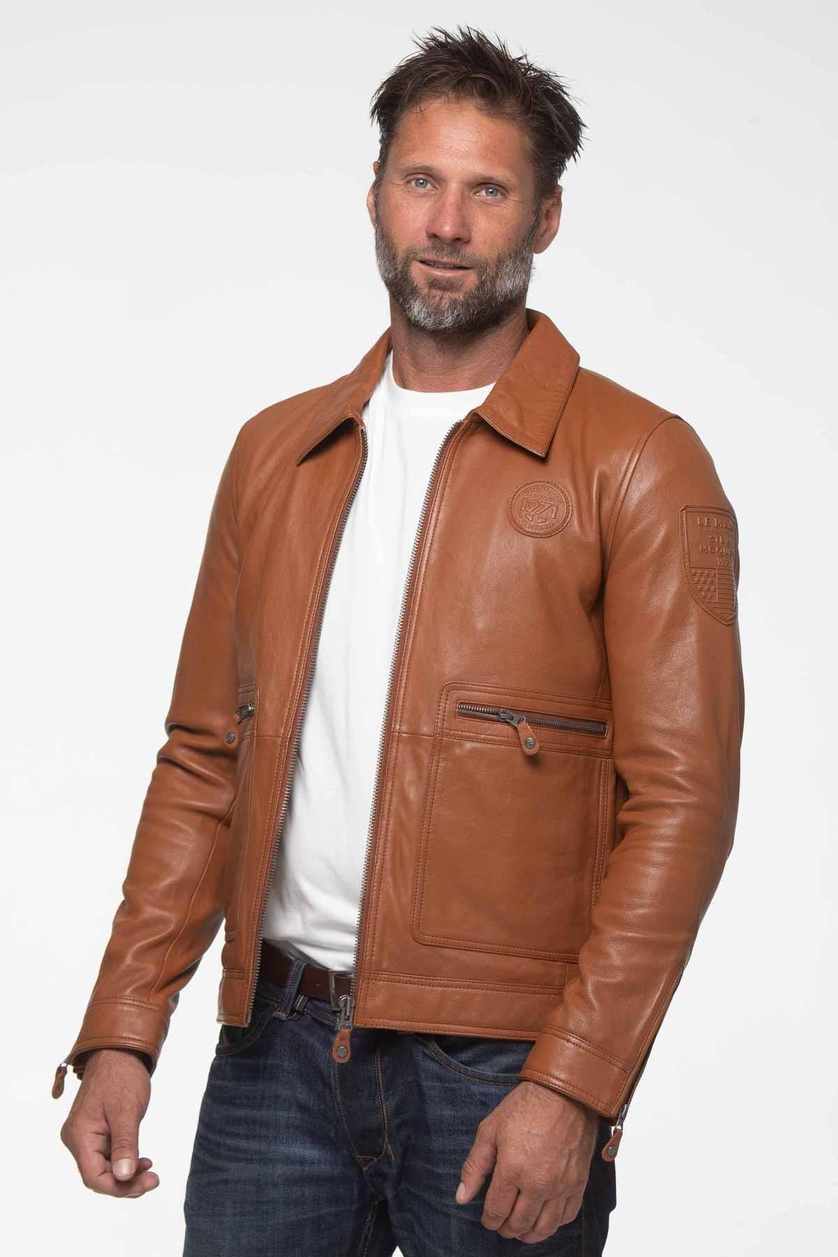 Elegant camel racing leather jacket with shirt collar - Image n°1