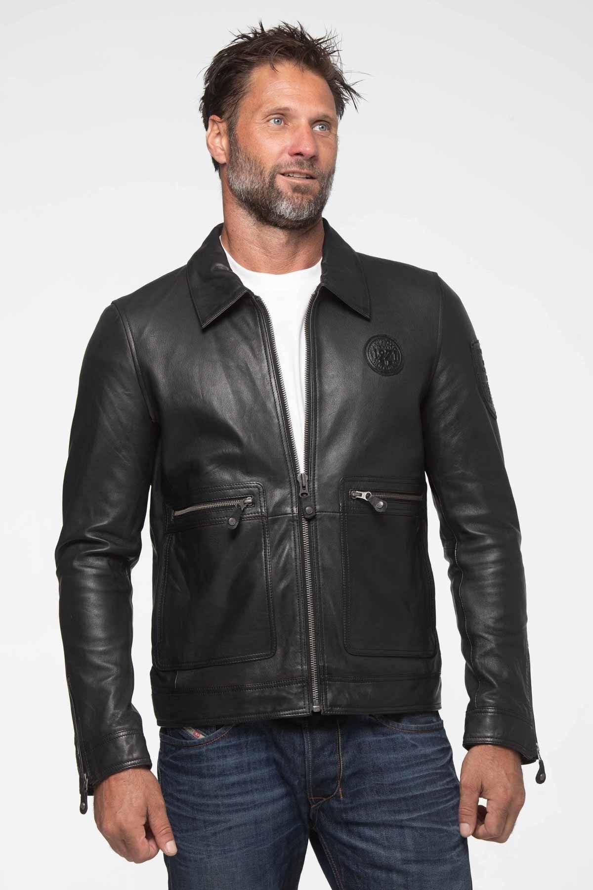 Elegant black racing leather jacket with shirt collar - Image n°3