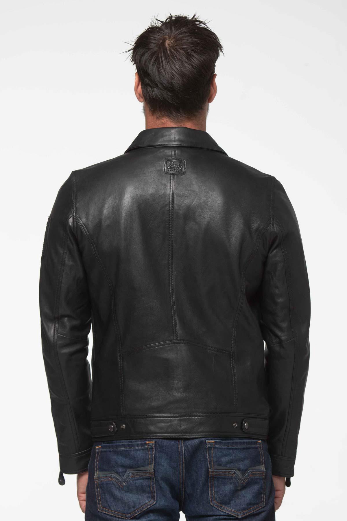 Elegant black racing leather jacket with shirt collar - Image n°2