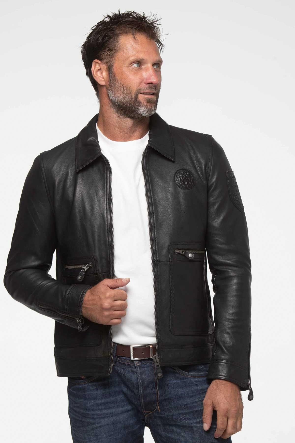 Elegant black racing leather jacket with shirt collar - Image n°4