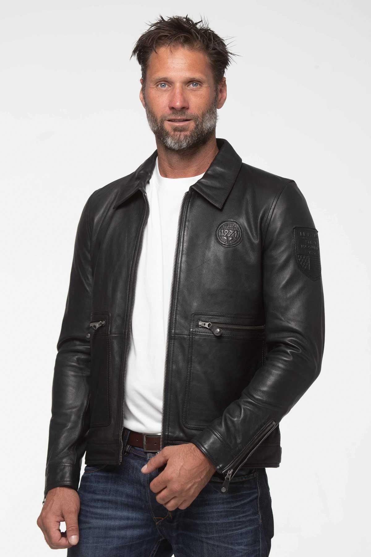 Elegant black racing leather jacket with shirt collar - Image n°1