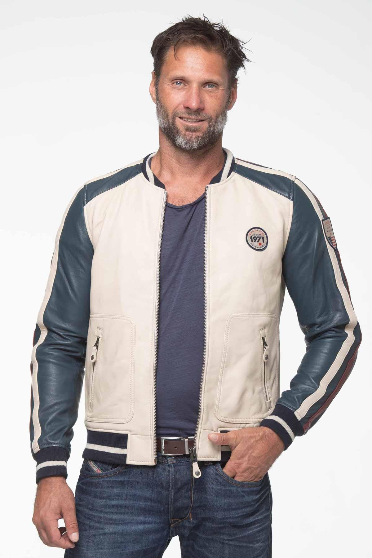 Ecru leather jacket with navy blue racing sleeves - Image n°1