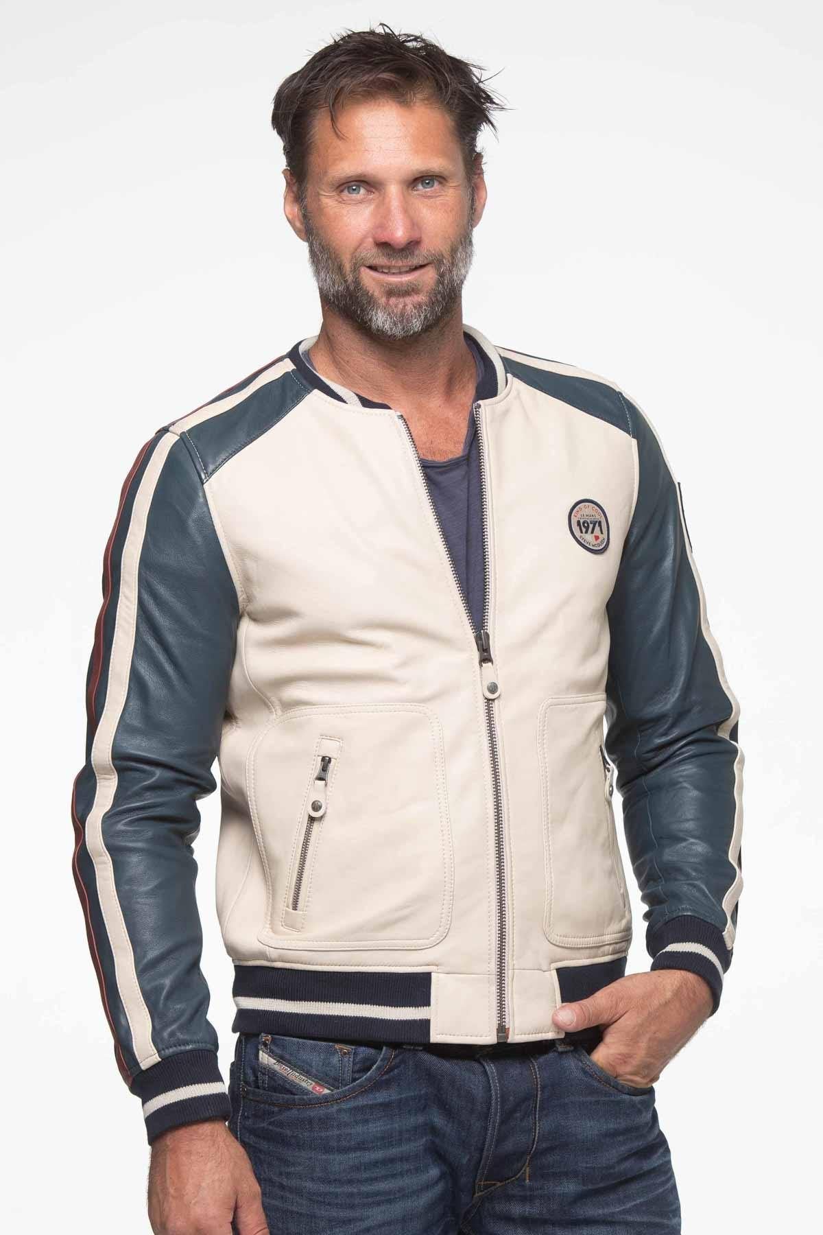 Ecru leather jacket with navy blue racing sleeves - Image n°4