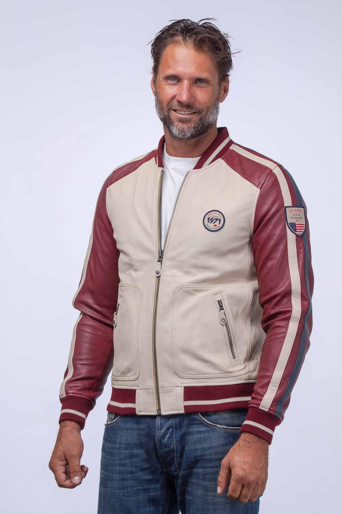 Ecru leather jacket with dark red racing sleeves - Image n°1