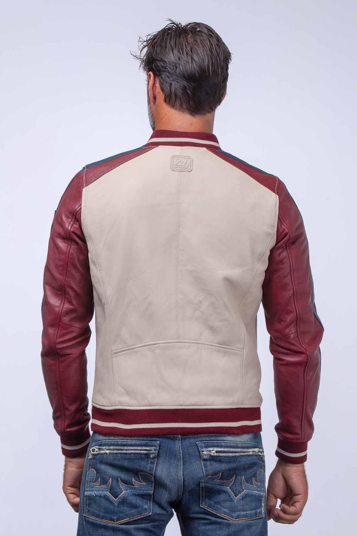 Ecru leather jacket with dark red racing sleeves - Image n°2