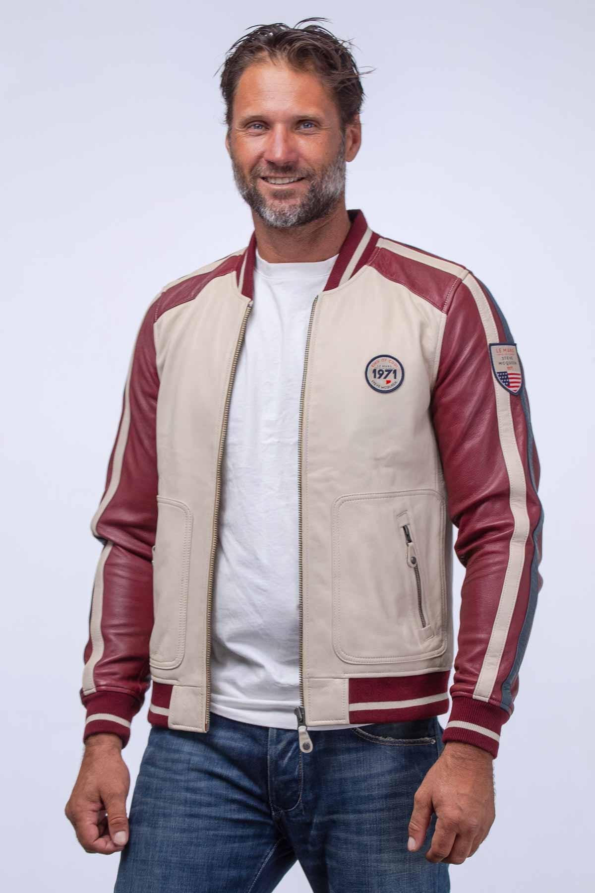 Ecru leather jacket with dark red racing sleeves - Image n°3