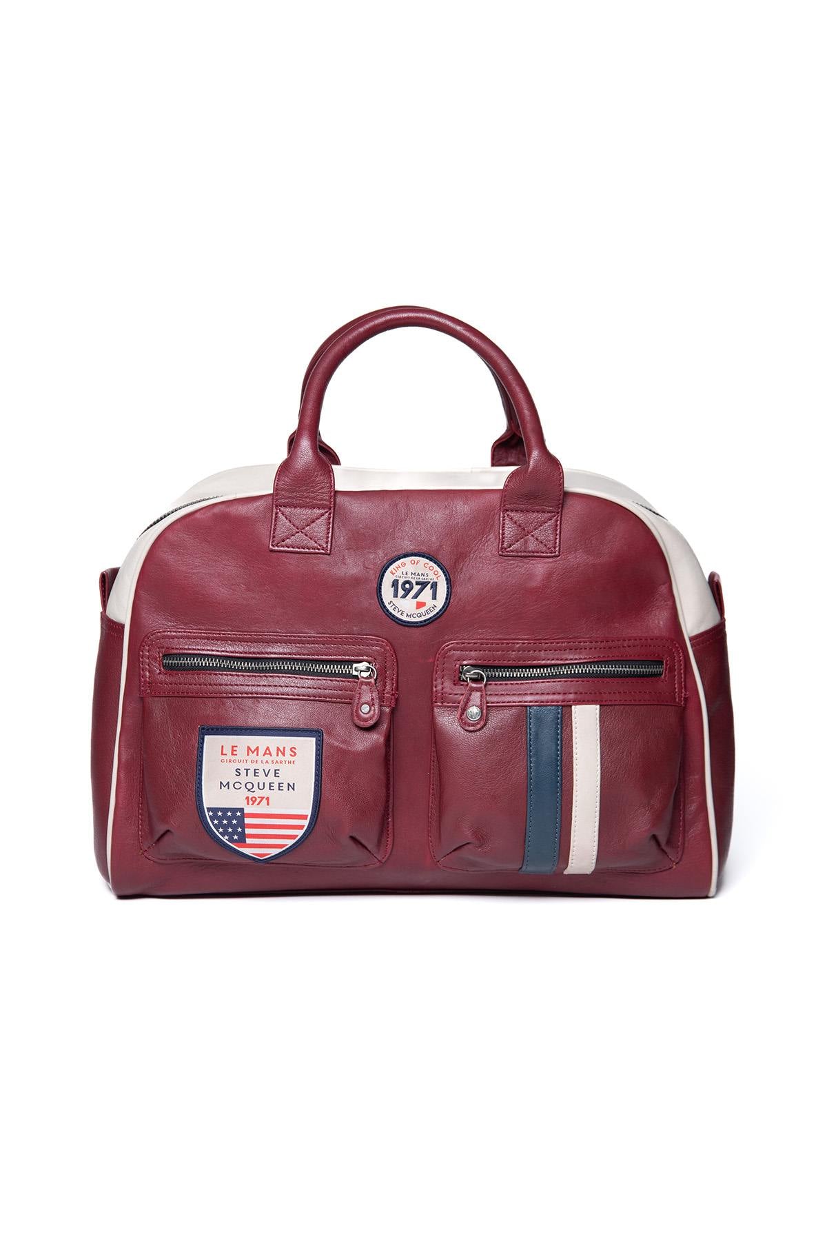 Men's dark red racing leather travel bag - Image n°1