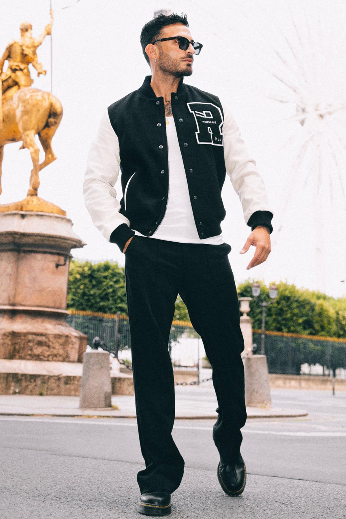 Black and white bi-material varsity teddy - Image n°1