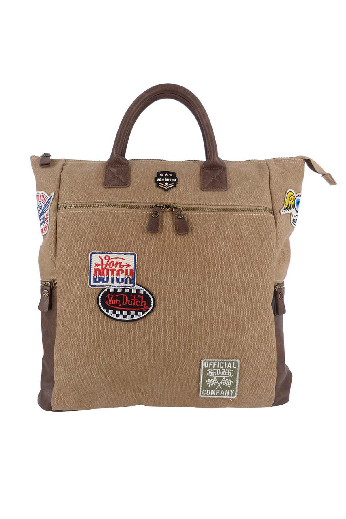 Taupe and brown textile bag with patches - Image n°1