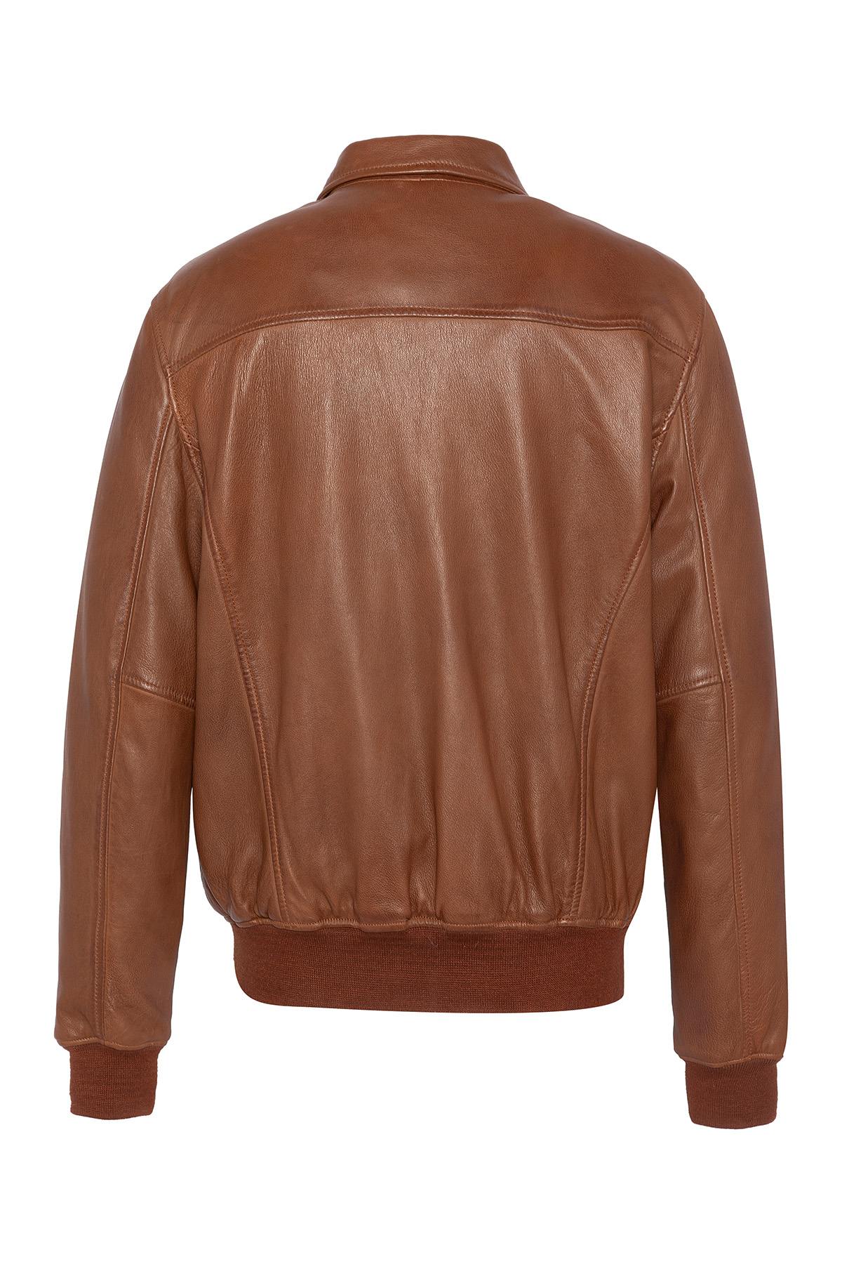 Cognac-colored leather bomber jacket - Image n°2