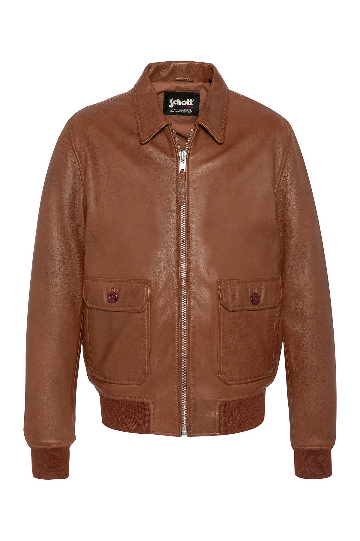 Cognac-colored leather bomber jacket - Image n°1